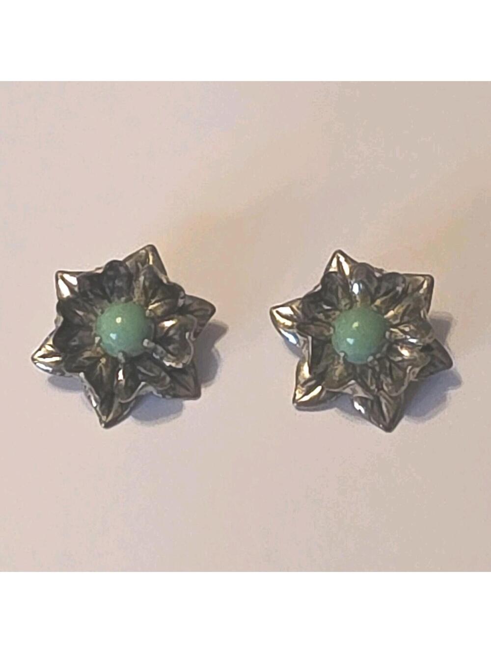 Vtg 925 Sterling Silver Turquoise Flowers Clip On Earrings 1950s-60s Southwest